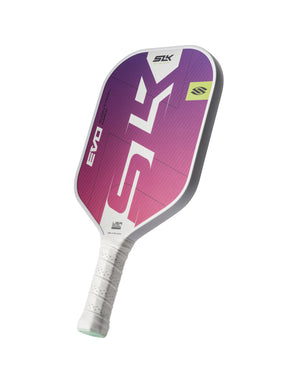 Purple SLK EVO pickleball paddle with white handle and SLK logo