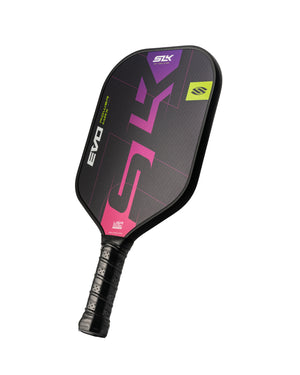 SLK Evo Max Pickleball Paddle featuring a black and purple design, ideal for beginners.