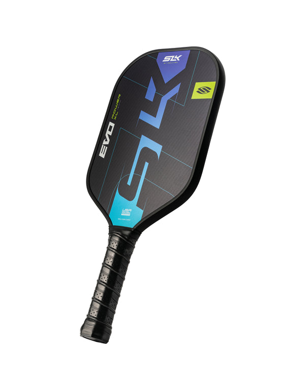 SLK EVO Power paddle featuring Thermoformed UniBody Design with a black and blue color scheme.