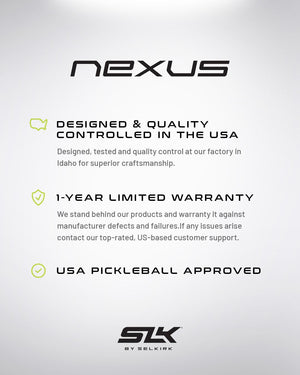 Nexus paddle features: Designed & Quality Controlled in the USA, 1-Year Limited Warranty, USA Pickleball Approved