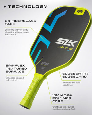 SLK Nexus Max pickleball paddle features: G4 fiberglass face, SpinFlex textured surface, Edgesentry edgeguard, 13mm SX4 polymer core.