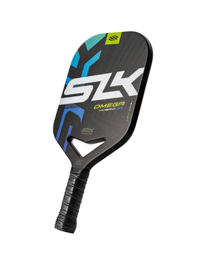 Front three-quarter view of SLK OMEGA Hybrid Air pickleball paddle showcasing a black and blue face on white