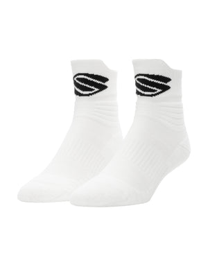 Performance crew socks in white with black logo, designed for pickleball players.