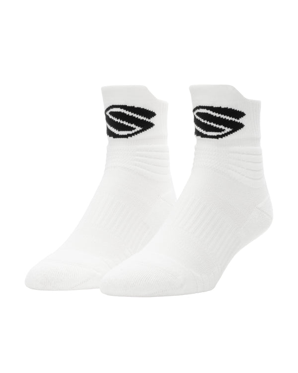 Performance crew socks in white with black logo, designed for pickleball players.