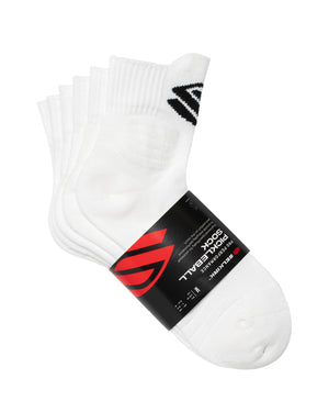 Three pairs of Selkirk Sport Pickleball Socks in white, featuring a black logo and packaging details.