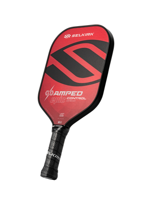 Red Selkirk pickleball paddle with S logo, showing SELKIRK and AMPED epic CONTROL LIGHTWEIGHT text and a black wrapped grip.