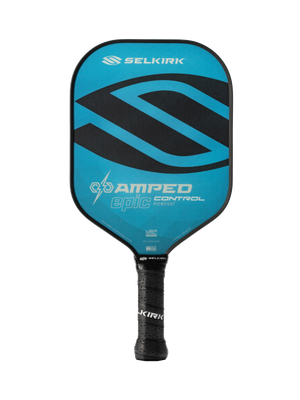 Teal Selkirk pickleball paddle face with large SELKIRK logo and text 'AMPED epic CONTROL MIDWEIGHT'.