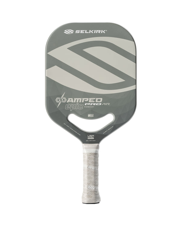 Gray Selkirk AMPED Pro Air pickleball paddle with a textured surface and ergonomic handle