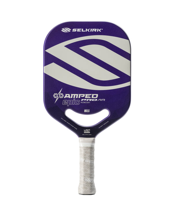 Purple Selkirk AMPED Pro Air pickleball paddle with a textured surface and ergonomic grip