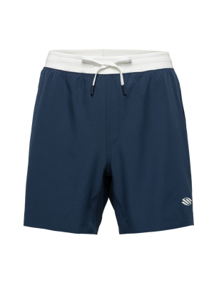 Front view of navy Essentials 2.0 Men’s Performance 7-inch Pickleball Shorts showcasing white waistband and Selkirk logo on plain background