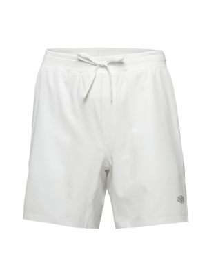 Front view of white Essentials 2.0 Men’s Performance 7 inch Pickleball Shorts with drawstring waistband