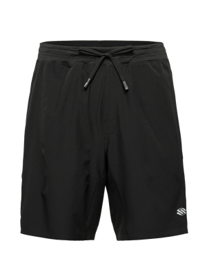Front view of Essentials 2.0 Men’s Performance 9 inch Pickleball Shorts showcasing black fabric, drawstring waist, and Selkirk logo on a transparent background
