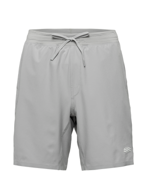 Front view of gray Essentials 2.0 Men’s 9-inch Pickleball Shorts with drawstring waist and Selkirk logo on black background