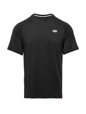 Front view of Essentials 2.0 Men’s Sport-Wik Short Sleeve Tee showcasing black fabric and white Selkirk logo
