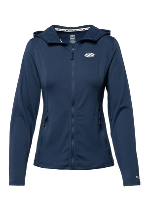 Front view of Essentials 2.0 Women’s Dual Soft Full Zip Jacket with navy hood, full zip, and zippered pockets