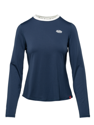 Front view of navy women’s long-sleeve Pickleball tee showcasing a white collar and Selkirk chest logo on a transparent background