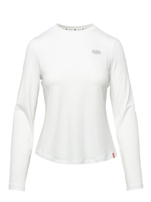 Front view of Essentials 2.0 Womens Sport-Wik Long Sleeve Tee showcasing white fabric and chest logo with transparent background