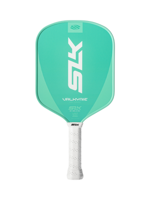 Teal pickleball paddle with white grip; bold vertical 'SLK' and smaller 'VALKYRIE' branding on face.