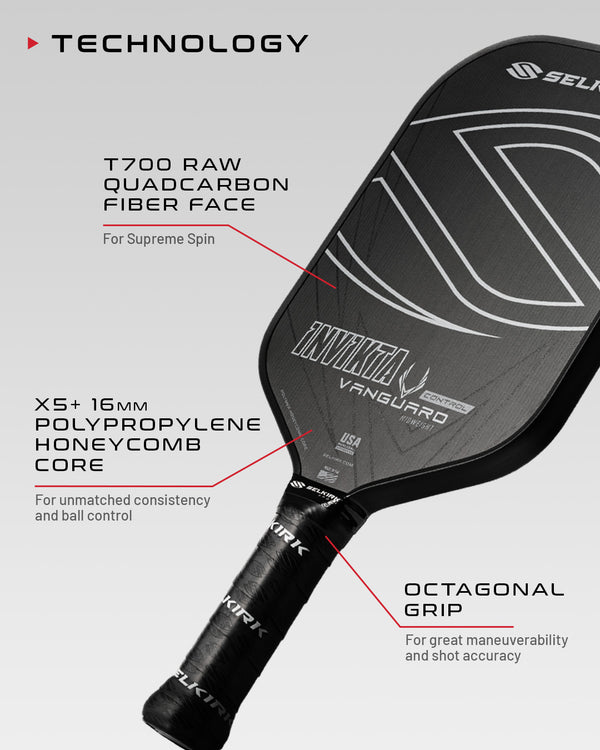 Selkirk VANGUARD Control paddle featuring T700 Raw QuadCarbon Fiber Face, X5+ honeycomb core, and octagonal grip for enhanced control.