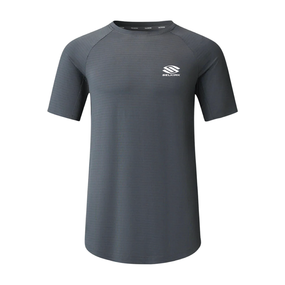 Black short-sleeve shirt with Selkirk logo, designed for active lifestyles.