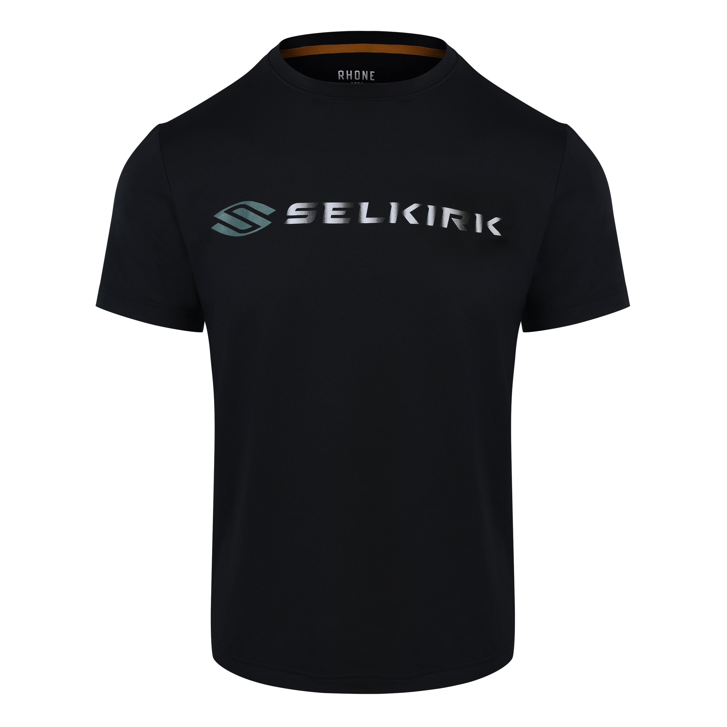 The Selkirk x Rhone Men’s Backspin Tee for pickleball players in black, white, and blue. With all-way stretch performance fabric that keeps you comfortable and dry during your most intense pickleball matches.