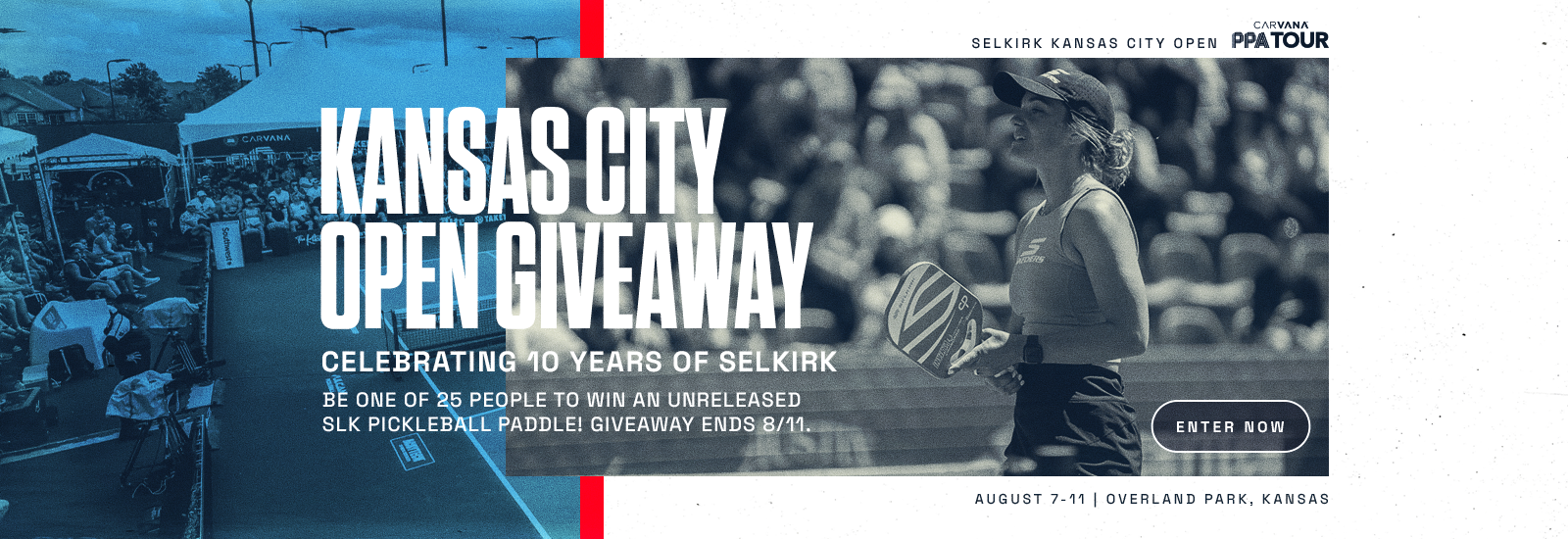 Kansas City Open Giveaway promotional banner, celebrating 10 years of Selkirk. Be one of 25 people to win an unreleased SLK pickleball paddle. Giveaway ends 8/11.