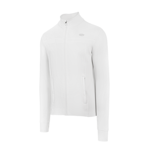 White full-zip athletic jacket with stand collar, side pockets, and small logo on left chest.
