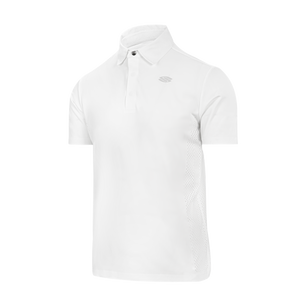 White short-sleeve polo with three-button placket, perforated side panels and small gray chest logo.
