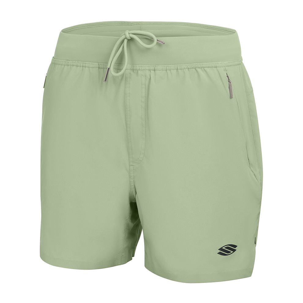 Light sage men's athletic shorts with elastic waistband, drawstring, zip pocket and small logo on right leg