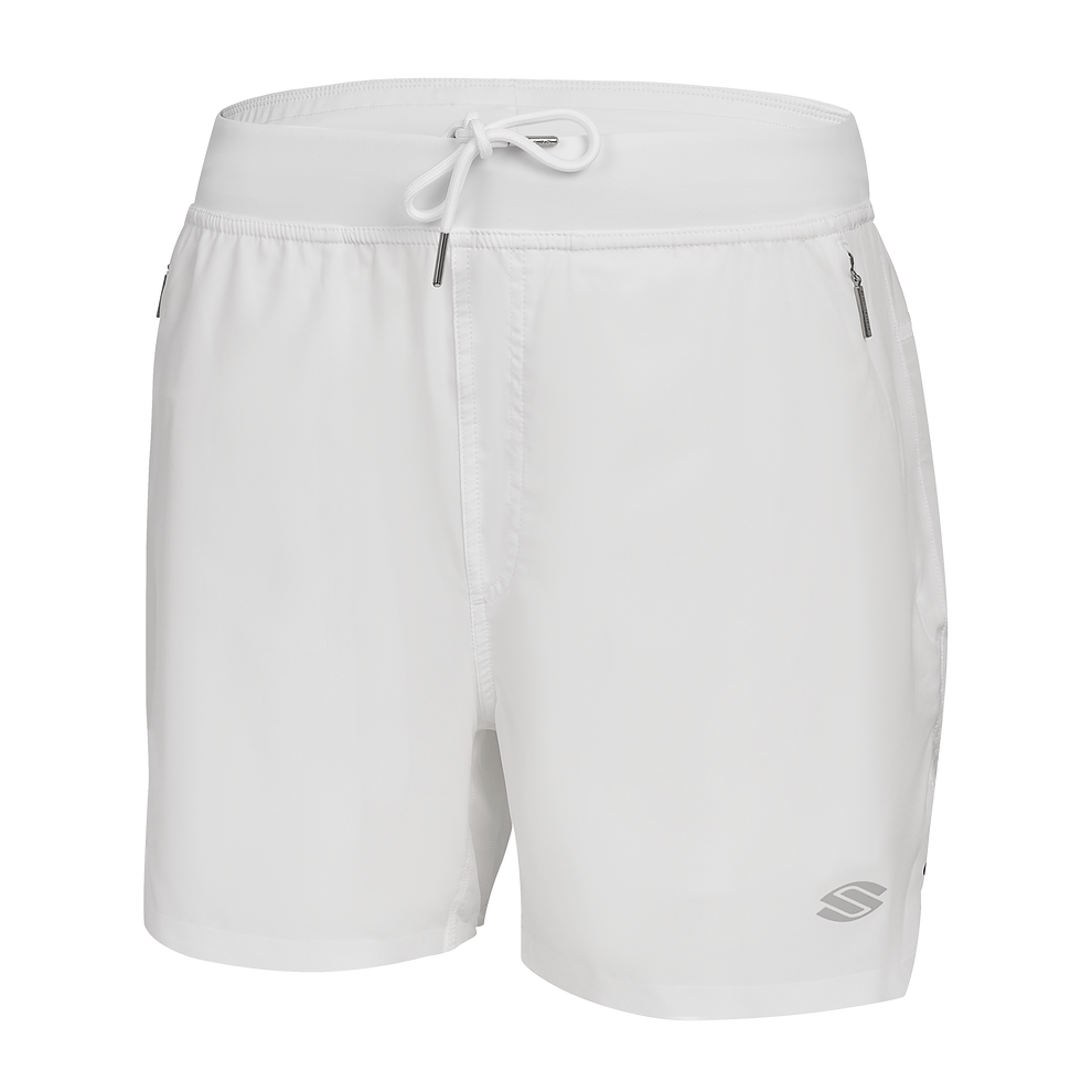 Men's white athletic shorts (Chalk Pro Line 5) with elastic waistband, drawstring, side zip pocket and reflective logo