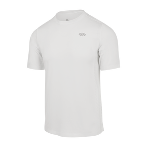 Men's white short-sleeve athletic crew-neck t-shirt with small chest logo