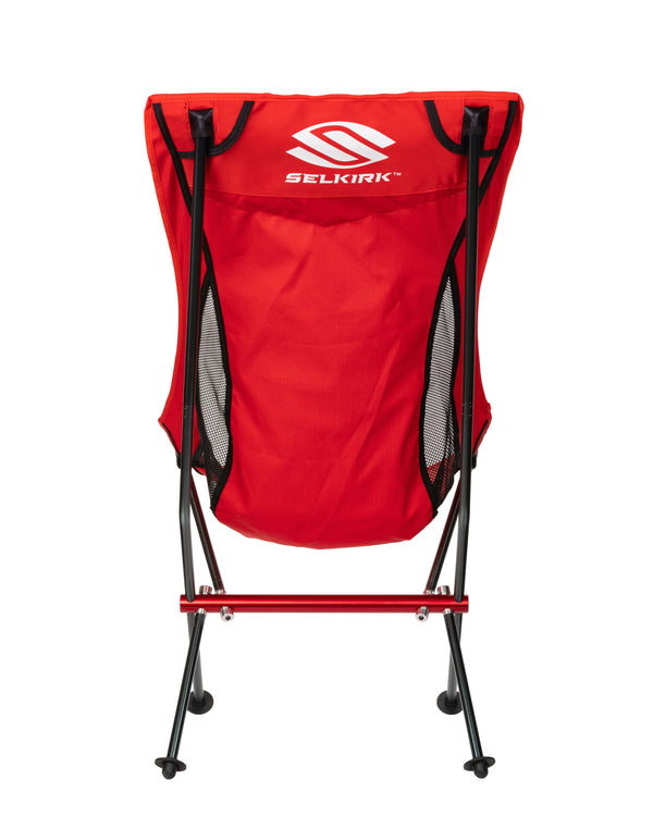 Red Selkirk Pickleball Court Chair with logo and mesh panels