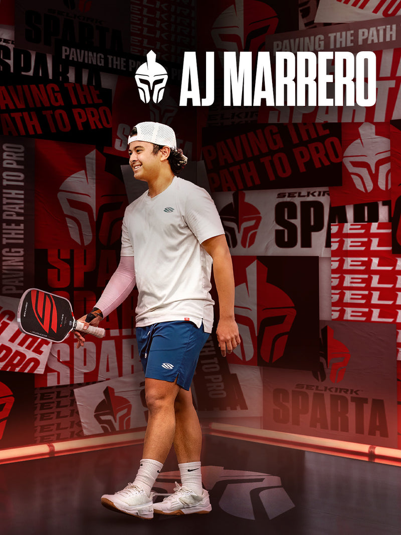 Official Selkirk Sparta pro team athlete announcement poster for AJ Marrero, highlighting team branding and 'Paving the Path to Pro' campaign text.
