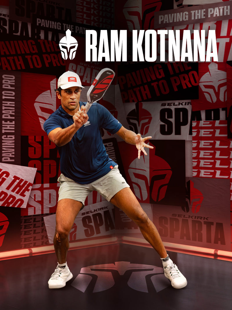 Official Selkirk Sparta pro team player poster for Ram Kotnana in a blue polo shirt and white cap, complete with 'Paving the Path to Pro' campaign branding.