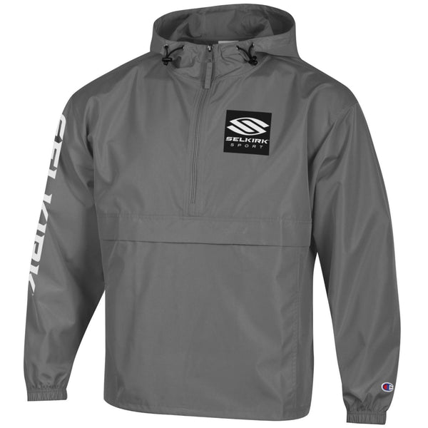 Gray Selkirk Packable Jacket with integrated hood and logo