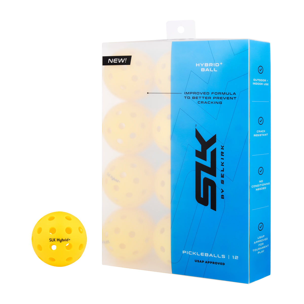ลูก Pickleball SLK Hybrid+ วางข้างกล่องแพ็ก 12 ลูก