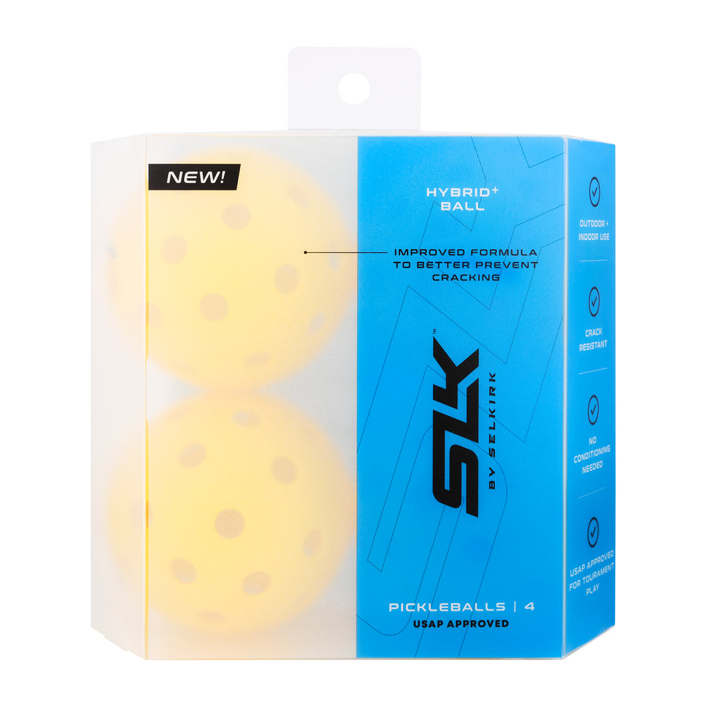 SLK Hybrid+ Pickleball Balls - 4 Pack with improved formula for durability, crack resistance, and USAPA approval.