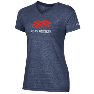 Selkirk Women's Triumph Line Short Sleeve in navy with 'WE ARE PICKLEBALL' text