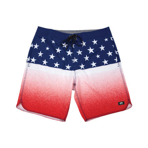 Men's Flag Boardshorts featuring a red, white, and blue flag design