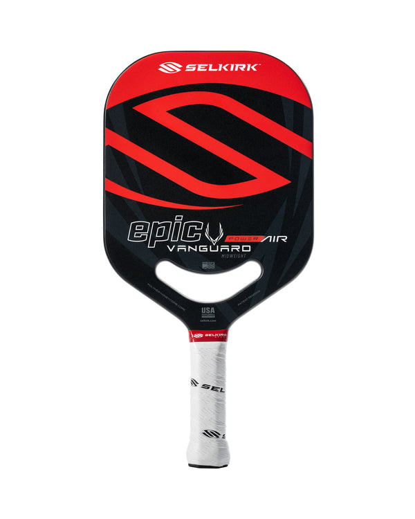 Selkirk VANGUARD Power Air pickleball paddle in red and black with a textured grip