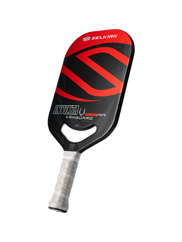 Selkirk VANGUARD Power Air pickleball paddle with Invikta shape, featuring blue and white design and text 'INVIKTA' on the face.