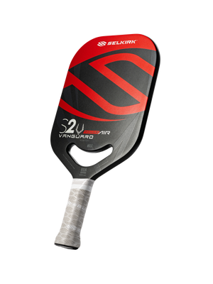 Red and black SELKIRK S2 VANGUARD POWER AIR pickleball paddle with cutout throat and white textured grip USA