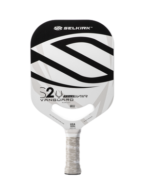 Front view of Selkirk VANGUARD Power Air S2 pickleball paddle showing white-and-black face graphics, S2 and VANGUARD branding, center handle cutout, wrapped grip