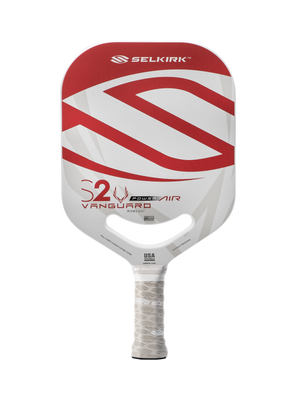 Front view of Selkirk VANGUARD Power Air S2 pickleball paddle with white and red face and short handle