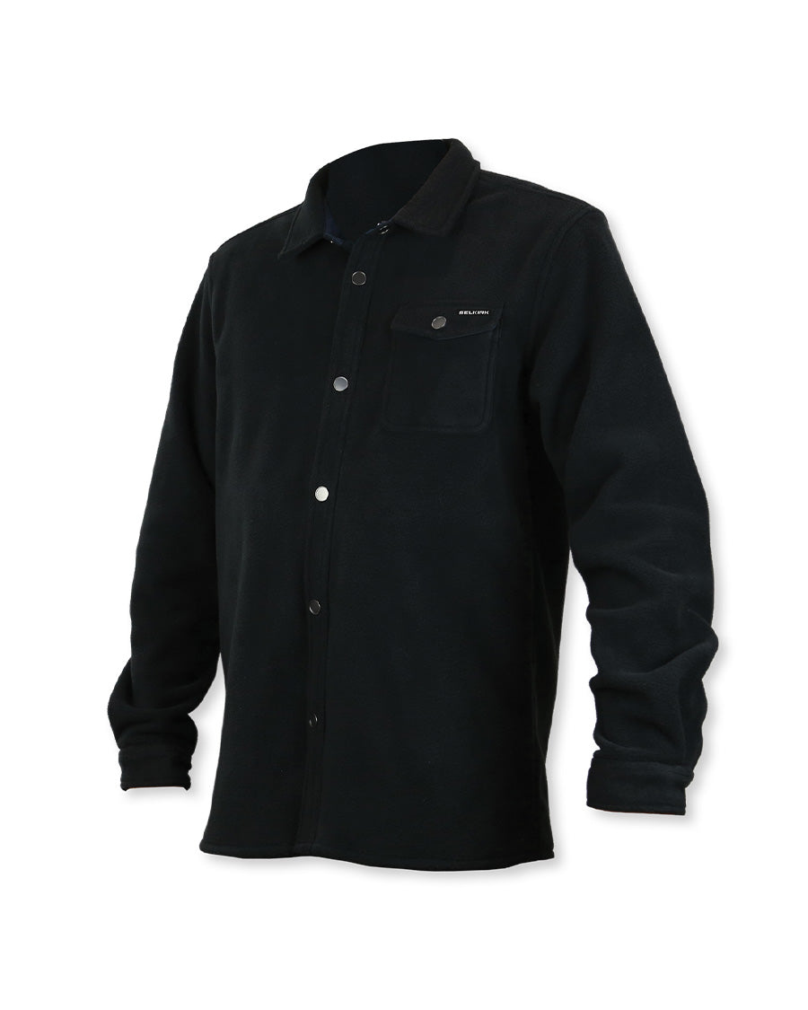 Men's Walton Fleece Button Down in black with button pocket and collar detail