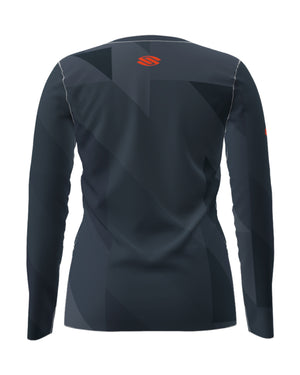 Selkirk Sport women's Symmetrix long-sleeve v-Neck pickleball t-shirt in black, grey, and red.