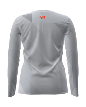 Back view of Women's Symmetrix Long Sleeve V-Neck Tee in gray, size XS.