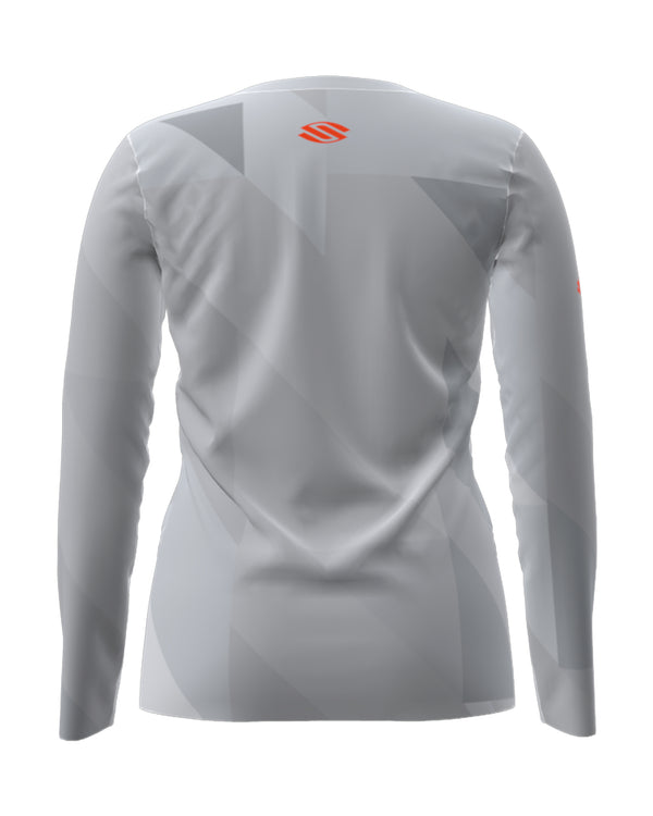 Back view of Women's Symmetrix Long Sleeve V-Neck Tee in gray, size XS.