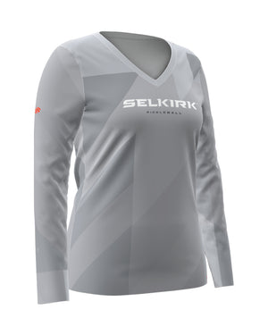 Selkirk pickleball Gray Women's Symmetrix Long Sleeve V-Neck Tee with Stretch-Wik fabric for comfort and maneuverability