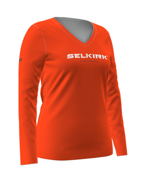 Orange Women's Symmetrix Long Sleeve V-Neck Tee with 'Selkirk' text on front